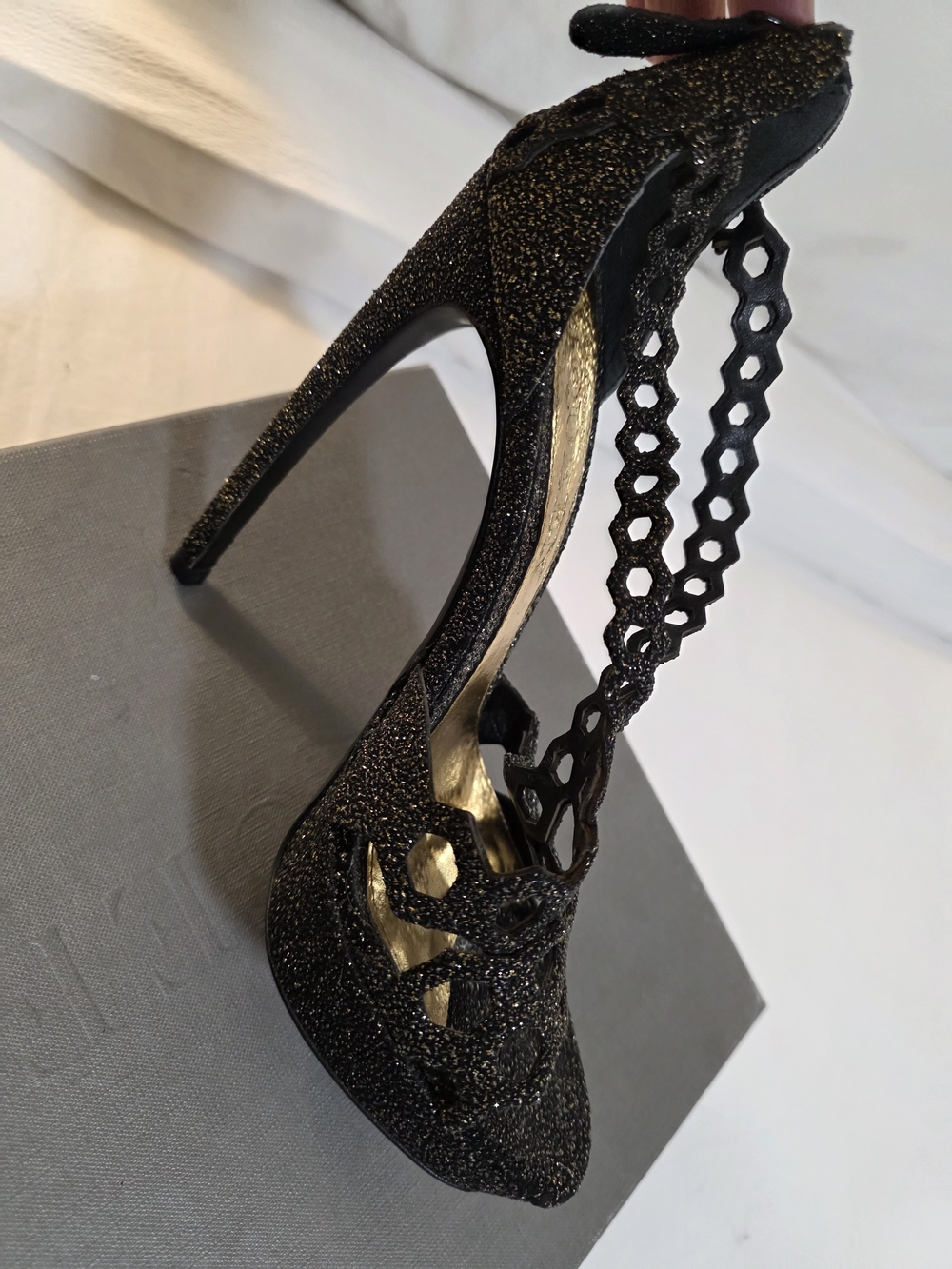 Alexander McQueen Black Glitter Cutout Ankle-Strap Pumps